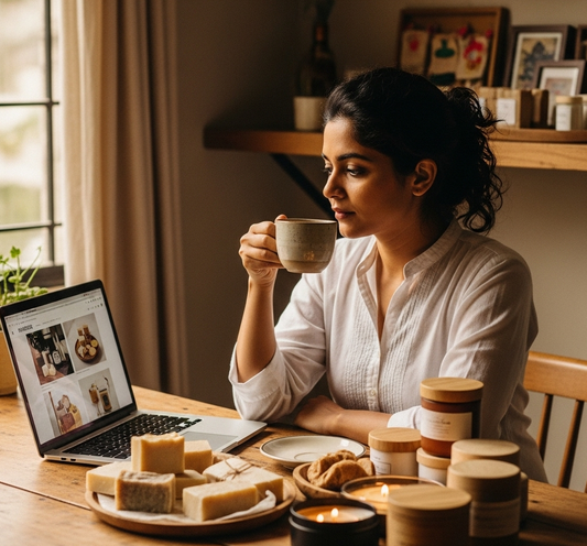 Indian small business owner checking laptop with empty online shopping cart, representing poor product sales before applying online sales tips for small business in India.