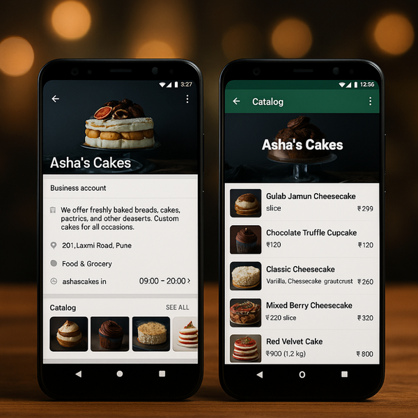 Smartphone screen showing WhatsApp Business app with product catalogue for an Indian small business, including product images, prices, and descriptions.